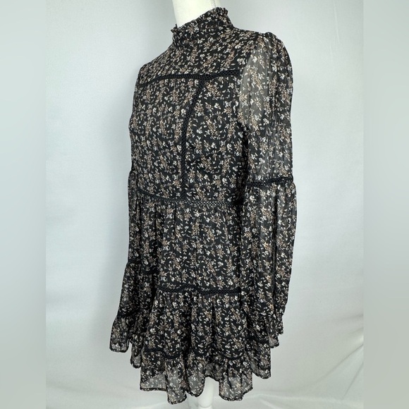 Aqua Ditsy Floral Black Dress Ruffle High Neck Embroidery Small Whimsigoth Boho - Picture 12 of 16